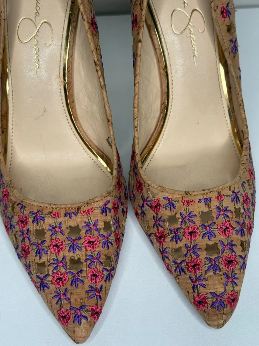 Jessica Simpson Cork Embroidered Floral Cutout Pointed Toe Pumps Size 11